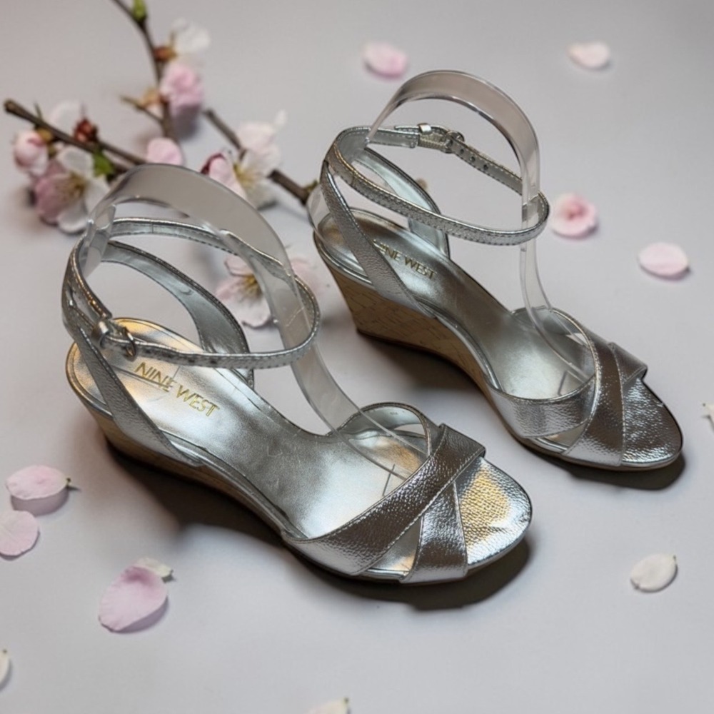 Nine West Silver Metallic Wedge Sandals with Ankle Strap